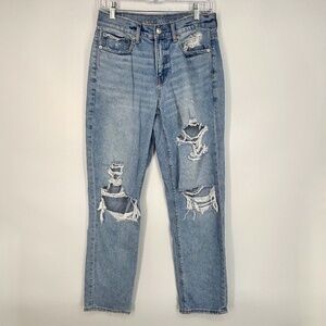 American Eagle Womens Size 4 90's Straight Jeans Light Blue Heavily Distressed